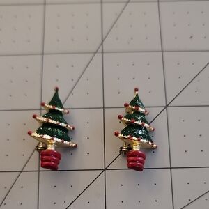 Holiday Tree Brooch Duo with Red and Green Accents